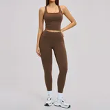 Chocolate Brown Women's Backless Running Fitness Yoga Activewear Set Fitted