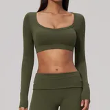 Olive Green Women's Brushed Long Sleeve Top Long Sleeve Stretch