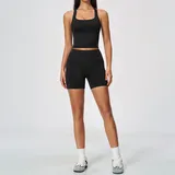 Jet Black Women's Seamless Yoga Set High Waist Breathable Fitted