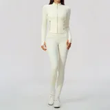 Cream White Women's Stand Collar Yoga Set 2 Piece Brushed