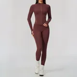 CS5529-4 · Wine Red Wine Red Women's Stand Collar Yoga Set 2 Piece Brushed