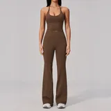 GS2557-4 · Jujube Brown Jujube Brown Women's Seamless Ribbed Fitness Yoga Activewear Set Backless