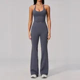 Blue Grey Women's Seamless Ribbed Fitness Yoga Activewear Set Backless