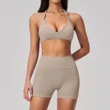 GS3595-1 · Light Khaki Light Khaki Women's Seamless Pilates Yoga Set Halter Neck Backless