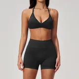 GS3595-2 · Jet Black Jet Black Women's Seamless Pilates Yoga Set Halter Neck Backless