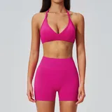 Hot Rose Pink Women's Seamless Pilates Yoga Set Halter Neck Backless