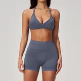 GS3595-4 · Dark Grey Blue Dark Grey Blue Women's Seamless Pilates Yoga Set Halter Neck Backless