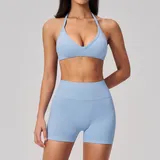 Light Blue Women's Seamless Pilates Yoga Set Halter Neck Backless