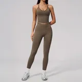 GS3597-3 · Coffee Brown Coffee Brown Women's Seamless Yoga Yoga Set Halter Neck Backless