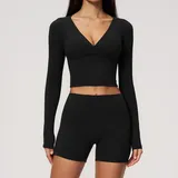 Jet Black Women's Supportive Yoga Activewear Set Long Sleeve Brushed