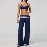 Dark Blue Stripe Women's Backless Layered Yoga Activewear Set 2 Piece