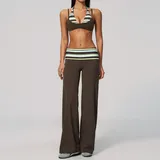 Brown Stripe Women's Backless Layered Yoga Activewear Set 2 Piece