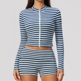 Royal Blue White Women's Striped Fitness Yoga Activewear Set Zip Up