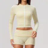GS4556-4 · Mustard White Mustard White Women's Striped Fitness Yoga Activewear Set Zip Up