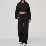 Jet Black Women's Casual Hooded Fitness Yoga Activewear Set Relaxed