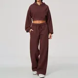 Wine Red Women's Casual Hooded Fitness Yoga Activewear Set Relaxed