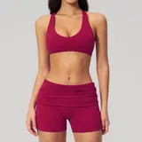 Raspberry Red Women's Backless Fitness Yoga Activewear Set Cross Back