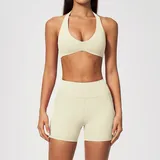 Cream White Women's Yoga Set Tummy Control Halter Neck Backless