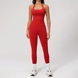 Bright Red Women's Seamless Backless Yoga Activewear Set Tank Fitted