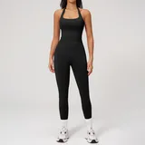 Jet Black Women's Seamless Backless Yoga Activewear Set Tank Fitted