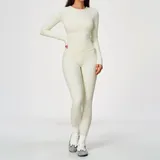 Cream White Women's Brushed Fitted Yoga Activewear Set Long Sleeve