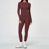 Wine Red Women's Brushed Fitted Yoga Activewear Set Long Sleeve