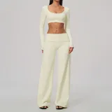 Cream Almond Tummy Control Breathable Women's Yoga Set Wide Leg