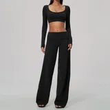 Jet Black Tummy Control Breathable Women's Yoga Set Wide Leg