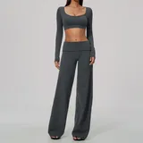 Charcoal Mist Tummy Control Breathable Women's Yoga Set Wide Leg