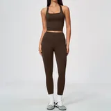Ink Brown Women's Breathable Yoga Activewear Set Seamless Backless Fitted