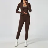 Deep Brown Yellow Clash Women's Yoga Set Quick Dry 3 Piece Breathable