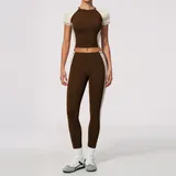 Espresso Black Women's Slim Fit Yoga Set Crew Neck Fitted