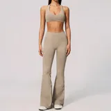 Light Khaki Tummy Control Women's Yoga Set 2 Piece Backless