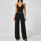 Jet Black Women's Brushed Flared Yoga Set Deep V Breathable