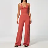 Apple Red Women's Brushed Flared Yoga Set Deep V Breathable