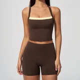 Deep Brown Yellow Clash Cross Back Running Women's Yoga Set Cross Back