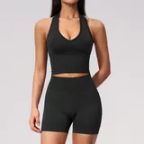 Jet Black Women's Halter Neck Fitness Yoga Activewear Set Seamless