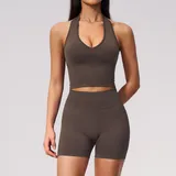 JS7655-3 · Dark Brown Color Dark Brown Color Women's Halter Neck Fitness Yoga Activewear Set Seamless