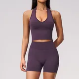 Plum Purple Women's Halter Neck Fitness Yoga Activewear Set Seamless