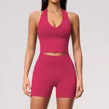 Raspberry Red Women's Halter Neck Fitness Yoga Activewear Set Seamless