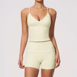 JS9615-1 · Cream Almond Cream Almond Brushed Fitness Women's Yoga Activewear Set V Neck