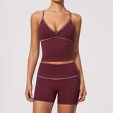 JS9615-4 · Burgundy Burgundy Brushed Fitness Women's Yoga Activewear Set V Neck