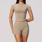 Light Khaki Seamless Tummy Control Women's Yoga Set Crew Neck