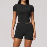 Jet Black Seamless Tummy Control Women's Yoga Set Crew Neck