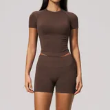 KS4535-3 · Red Brown Red Brown Seamless Tummy Control Women's Yoga Set Crew Neck