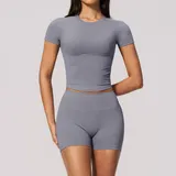Smoky Blue Seamless Tummy Control Women's Yoga Set Crew Neck