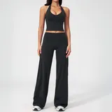 Jet Black Women's Backless Casual Yoga Activewear Set Wide Leg