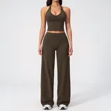Espresso Black Women's Backless Casual Yoga Activewear Set Wide Leg