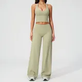 Moss Green Women's Backless Casual Yoga Activewear Set Wide Leg