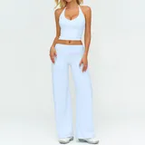 Azure Blue Women's Backless Casual Yoga Activewear Set Wide Leg